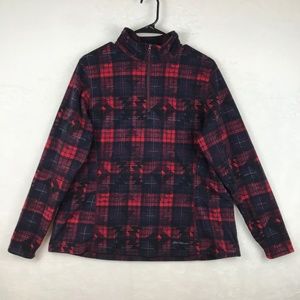 Eddie Bauer Sweater Womens Size XL Red Plaid Mock Neck Fleece Pullover 1/4 Zip